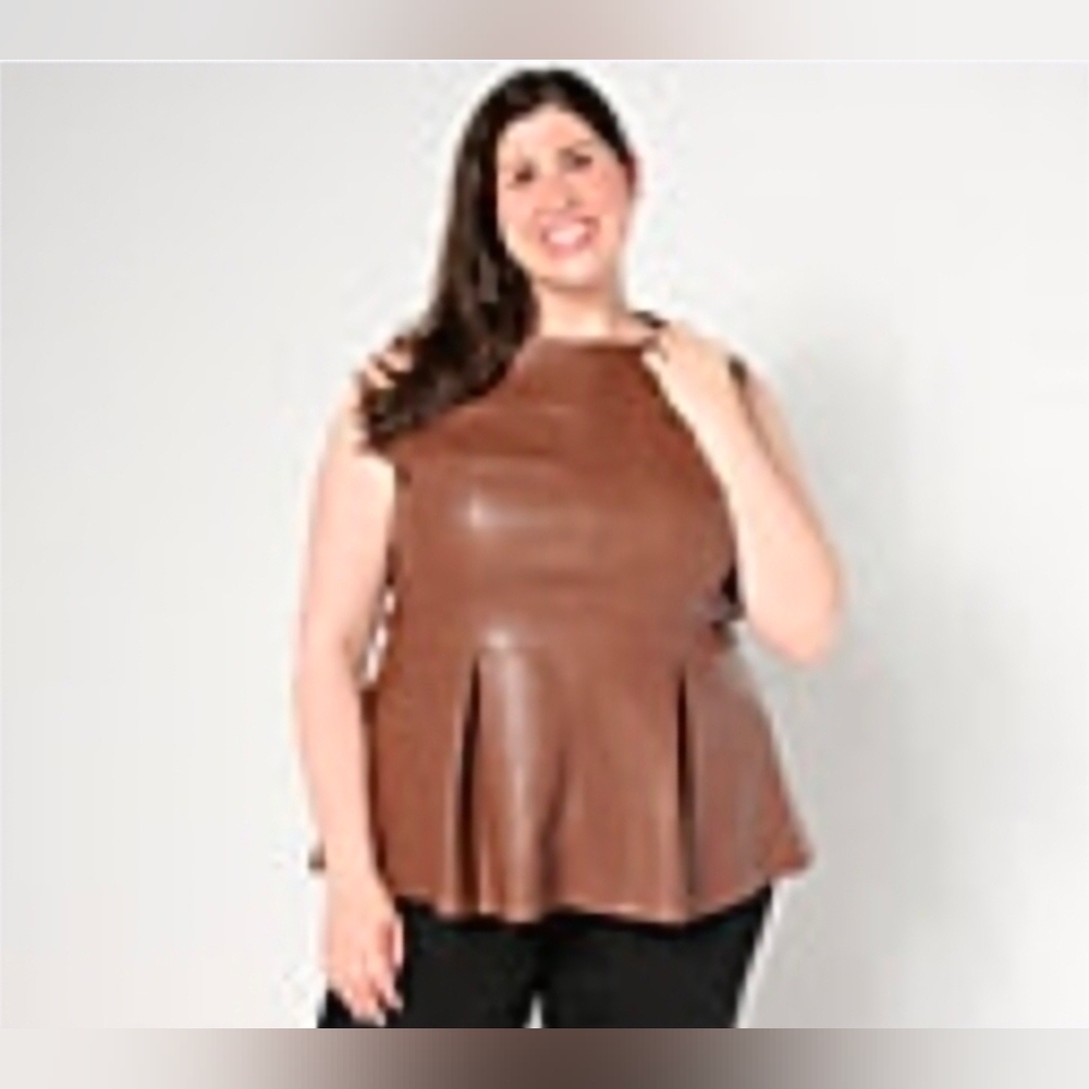 Stacy London Faux Leather Peplum Top Chocolate Large